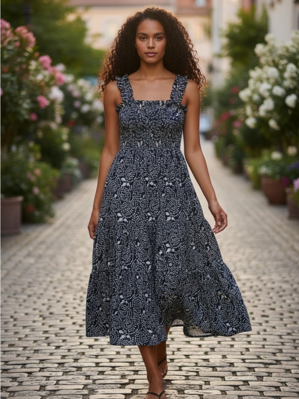 MEXX Women's Navy and White Printed Smocked  sleeveless Maxi Dress size small